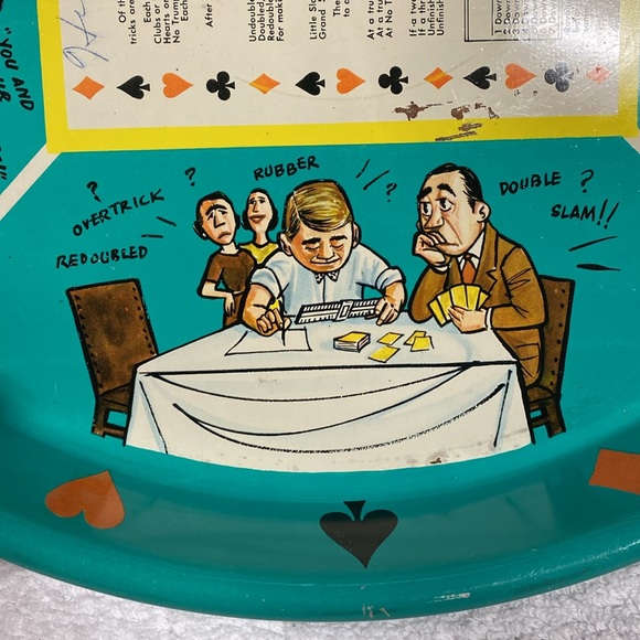 Vintage 60’s bridge blue cartoon metal card game tray - Picture 6 of 10